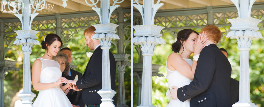 exchanging rings and first kiss as husband and wife