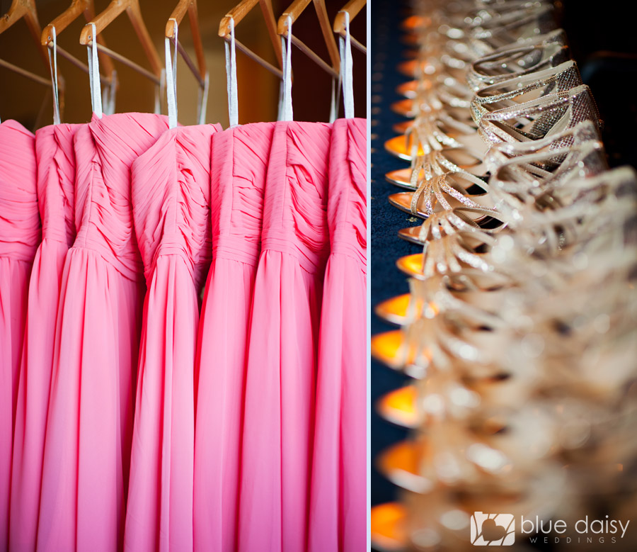 pink bridesmaids dresses and gold shoes