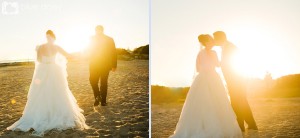 bride and groom in sunset