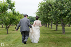 bride and groom walking through the orchard