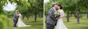 bride and groom in the orchard