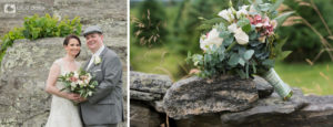 newlywed couple by rustic stone wall