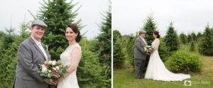 newlywed couple by tree farm